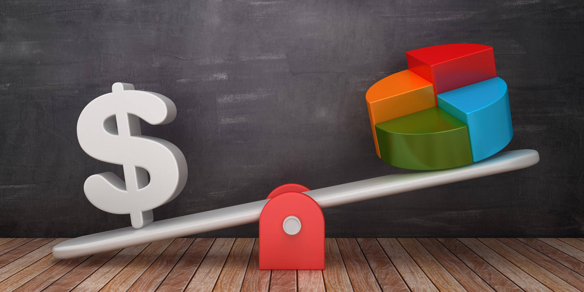 Seesaw scale with dollar sign and pie chart on chalkboard background